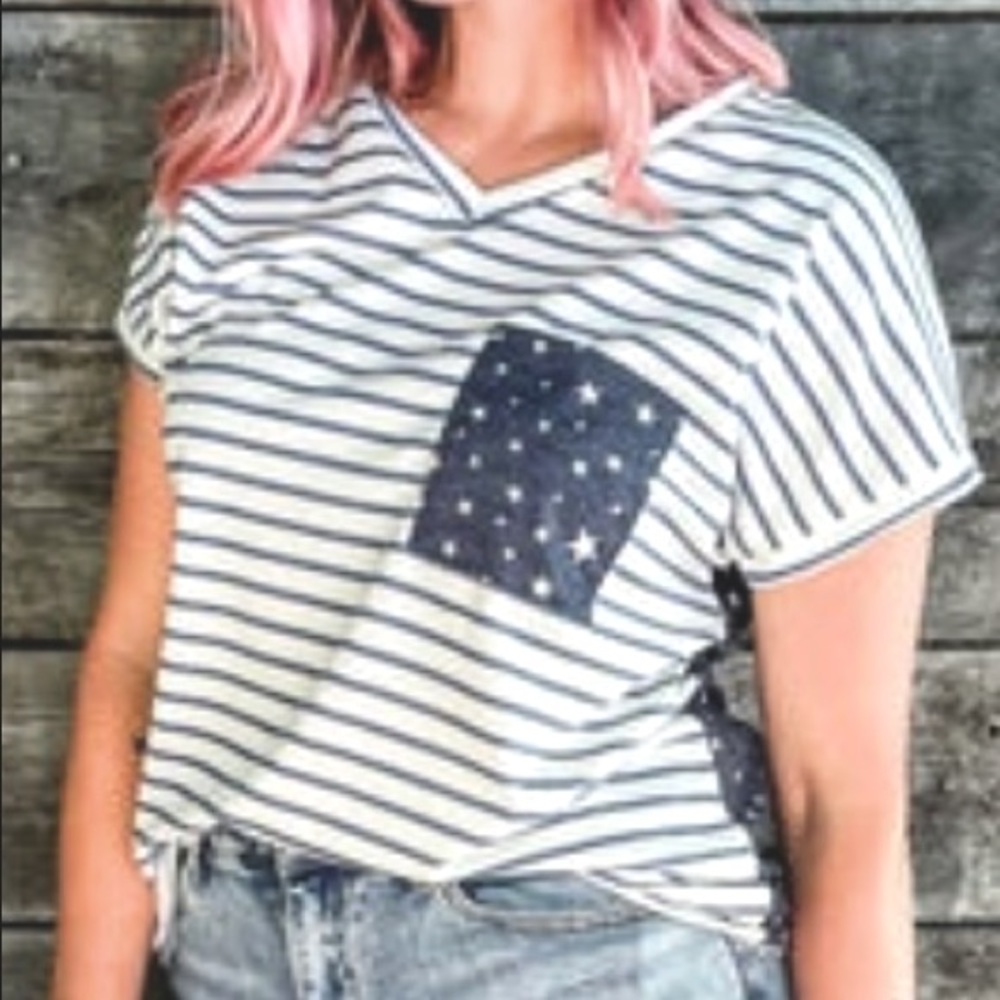 NWOT Navy & White Stars and Stripes Color Block Pocket Tee